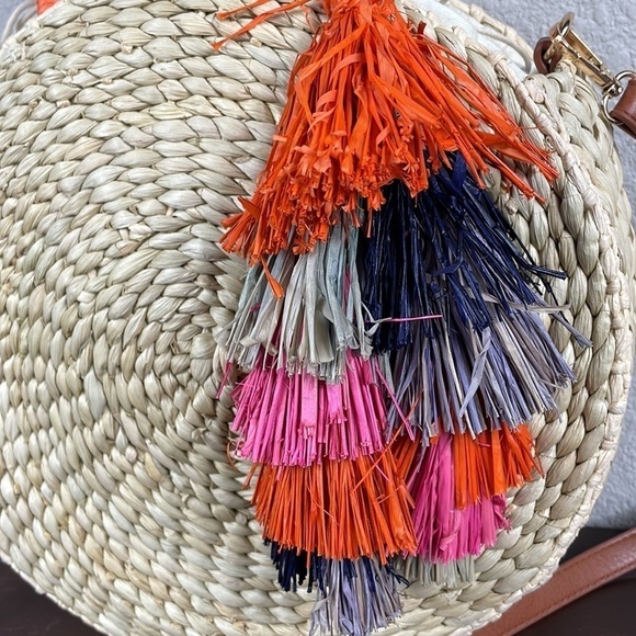Nordstrom Joni Circular Raffia Straw Woven Bag Beach Boho Summer Tassel - Picture 4 of 15